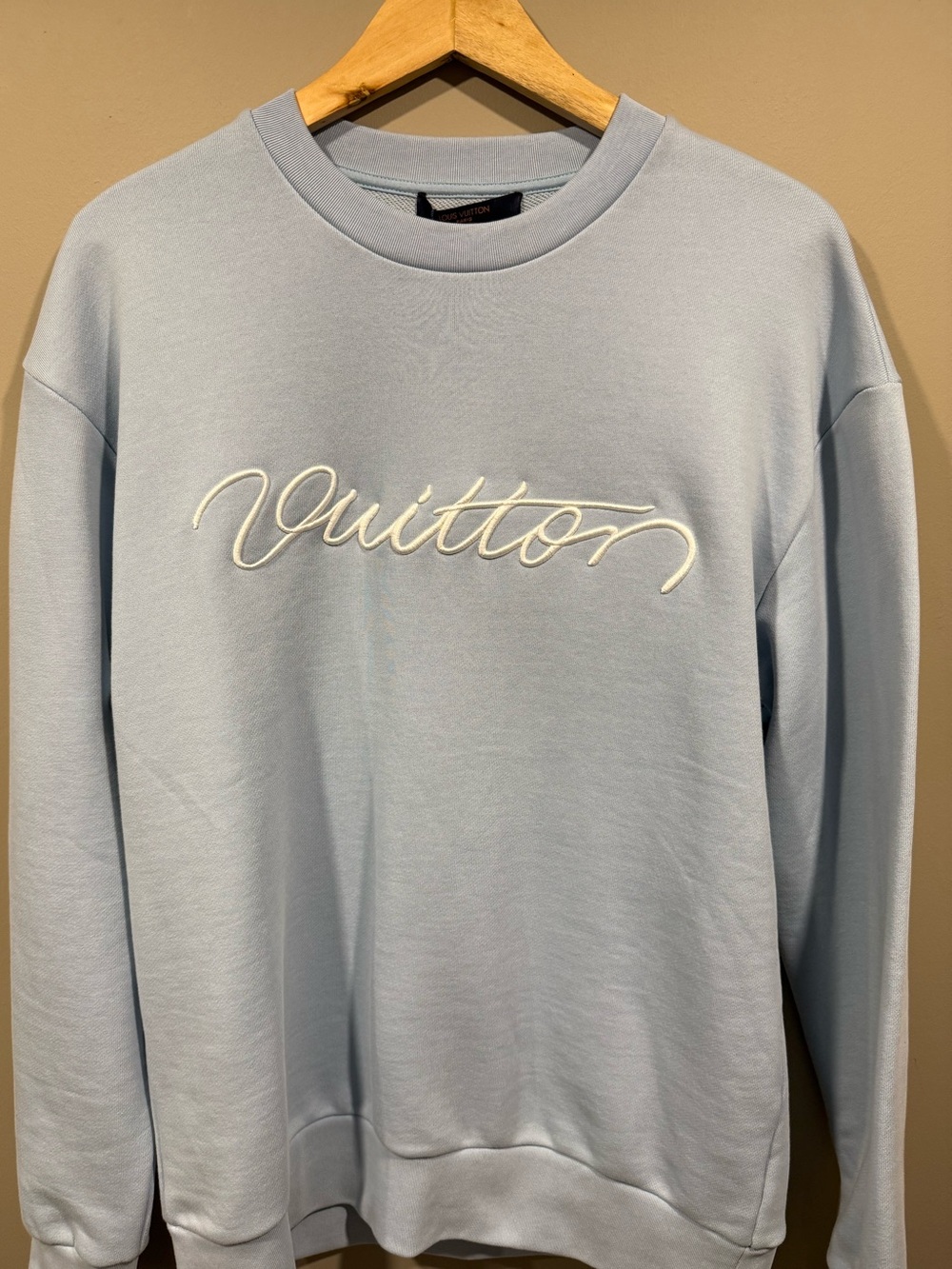Louis Vuitton Light Blue Script Logo mens Crewneck Sweatshirt